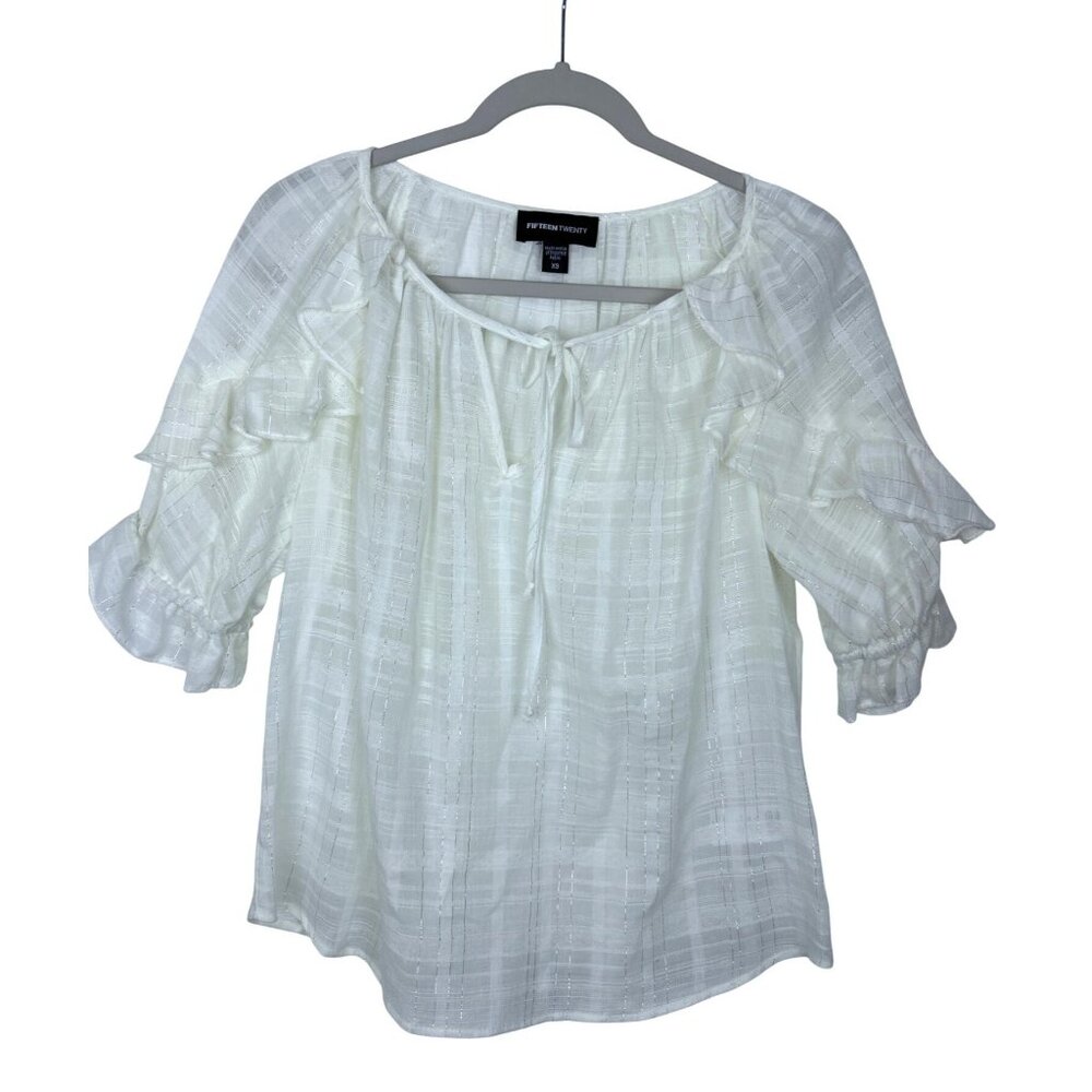 Fifteen Twenty Puff Sleeve Blouse Women's XS Tie Front White Metallic Thread